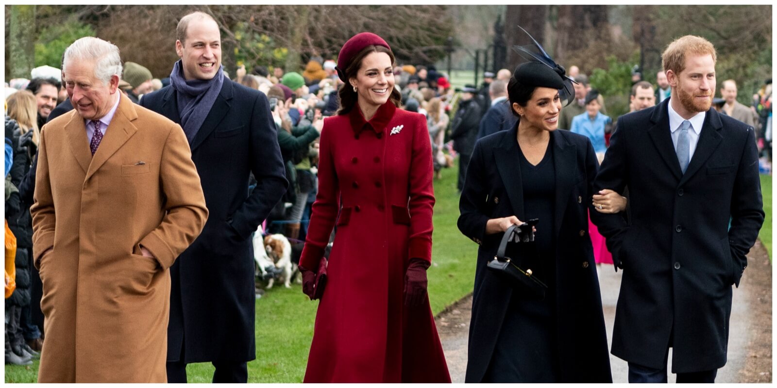 King Charles, Prince William, Kate Middleton, Meghan Markle, and Prince Harry photographed in 2018.