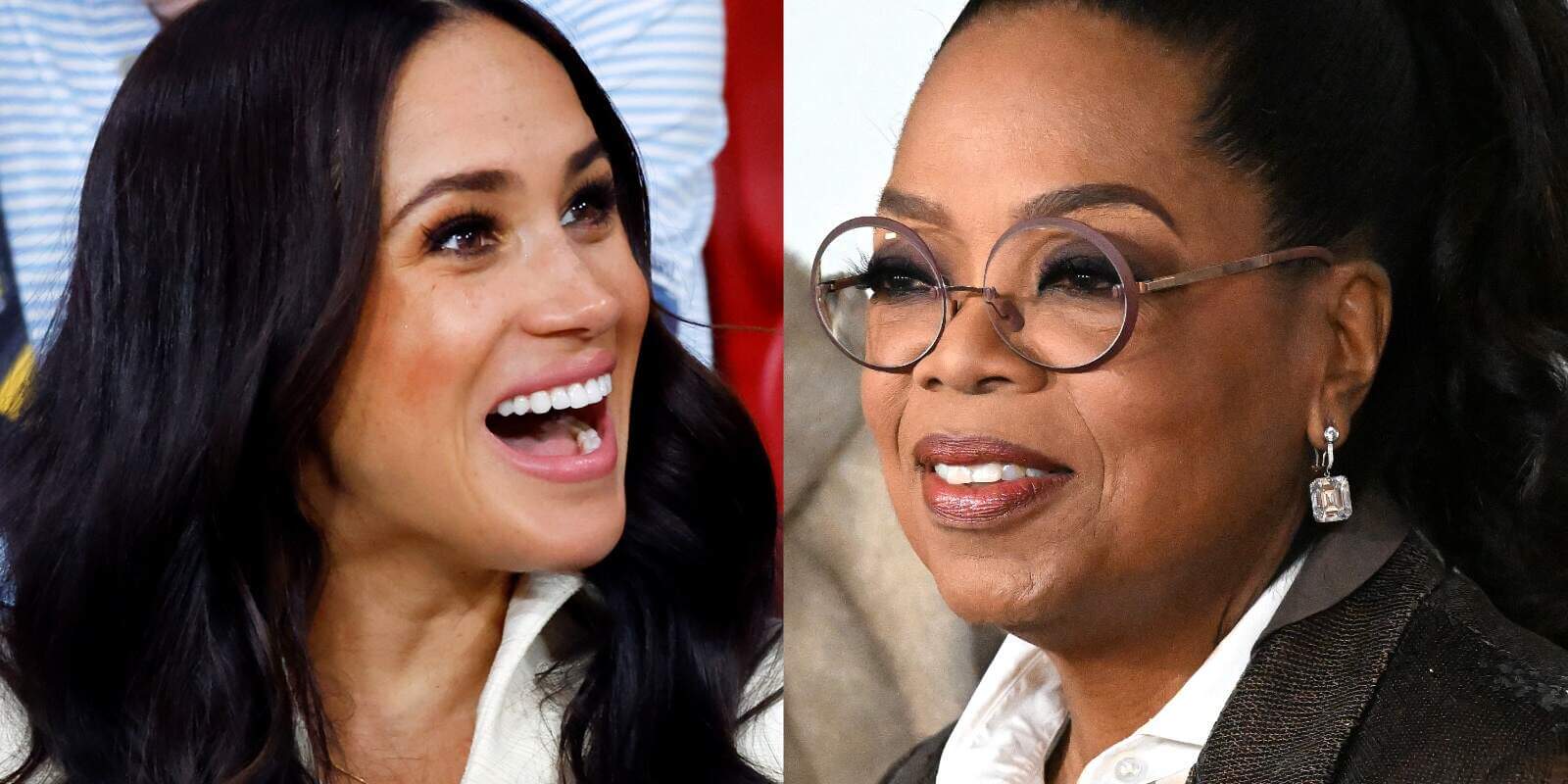 Meghan Markle and Oprah Winfrey in side-by-side photographs.