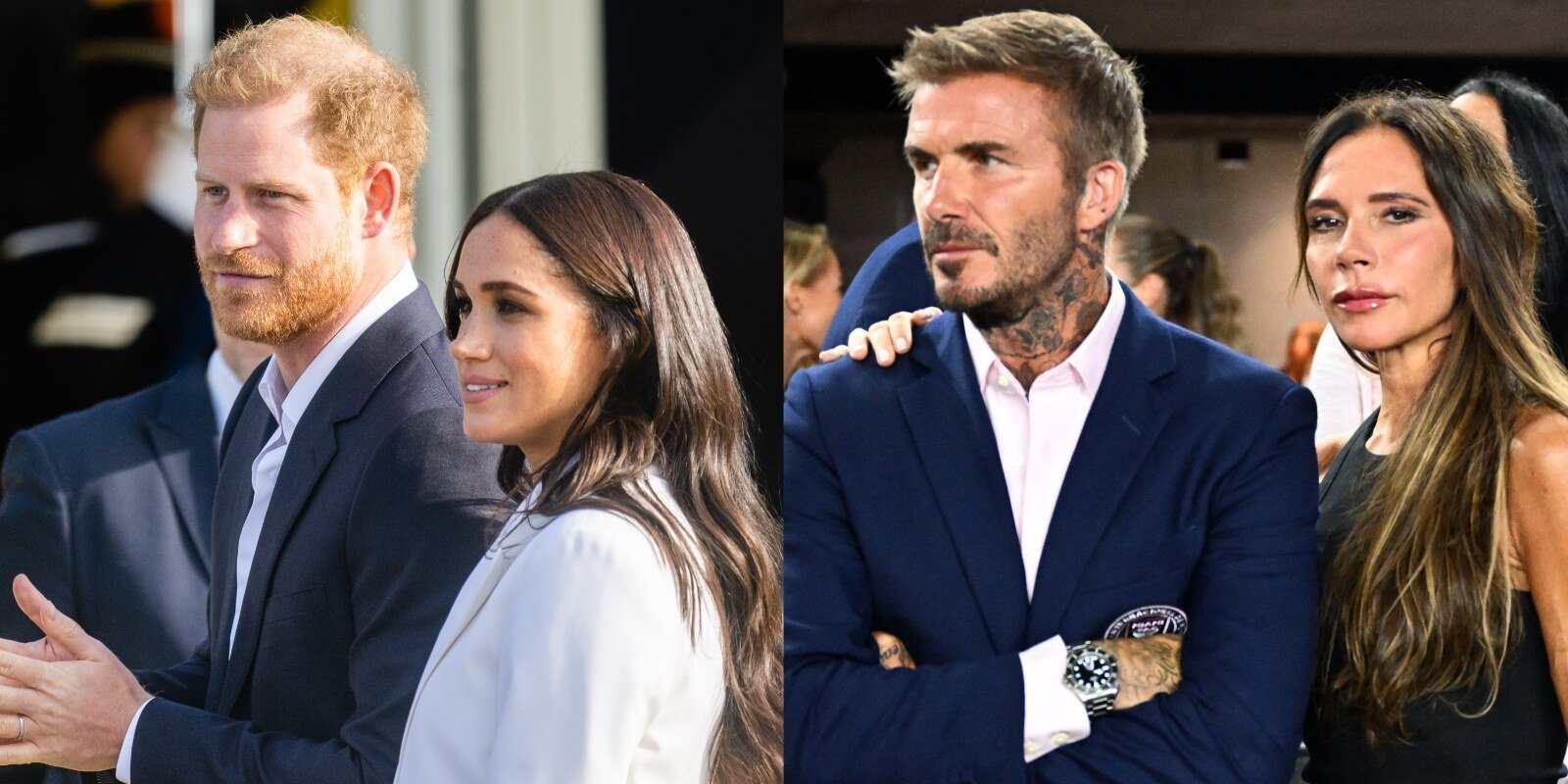 Prince Harry, Meghan Markle, David and Victoria Beckham in side-by-side photographs.