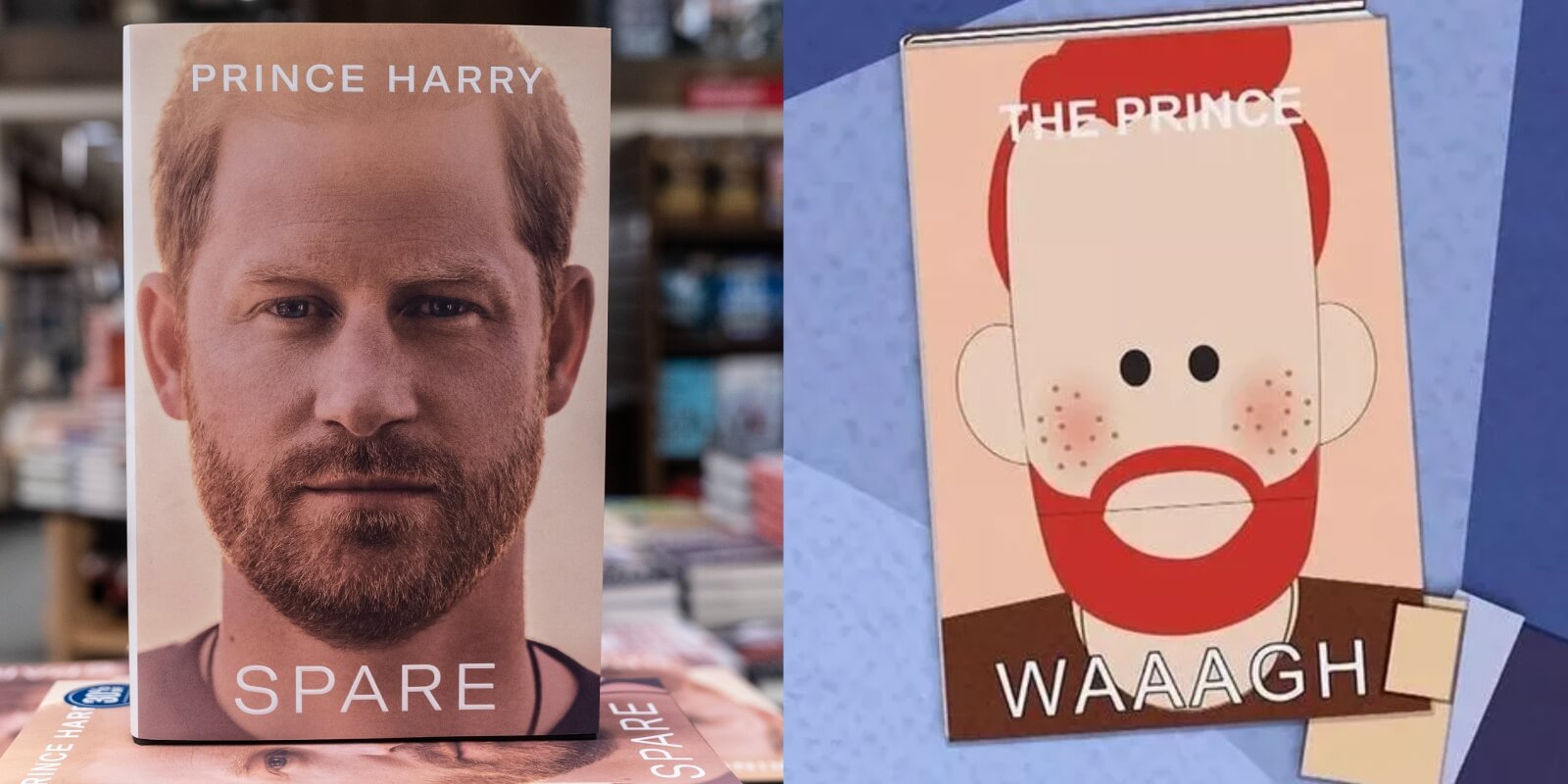 The cover of Prince Harry's book 'Spare' and 'South Park's' lampooned cover titled 'Waaagh.'