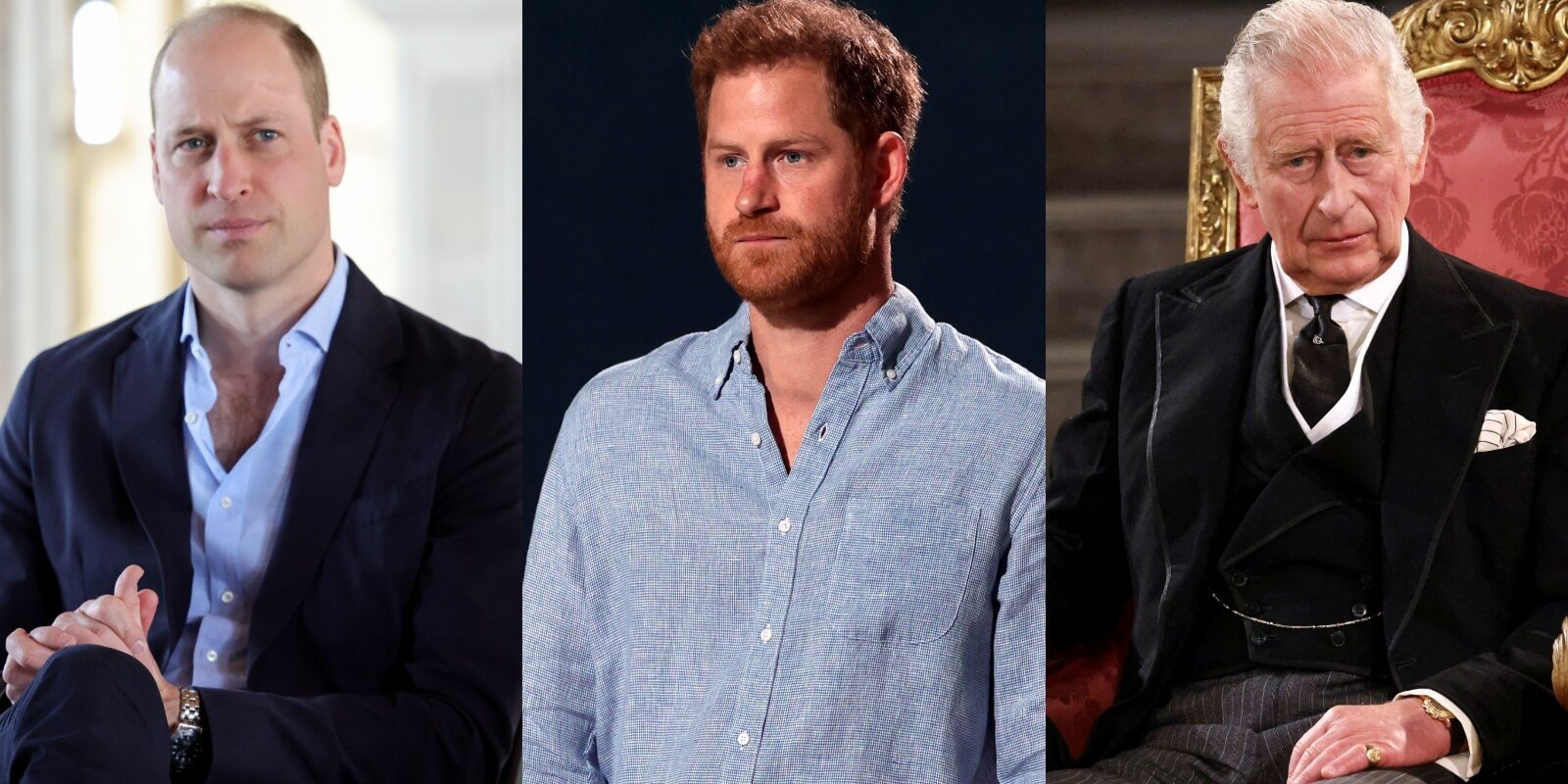 Prince William, Prince Harry and King Charles in side-by-side photographs.