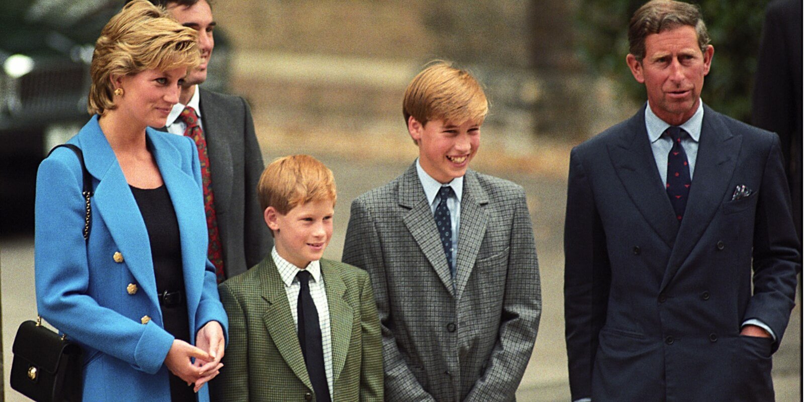 Princess Diana, Prince Harry, Prince William and King Charles pose together during his first day at Eton.