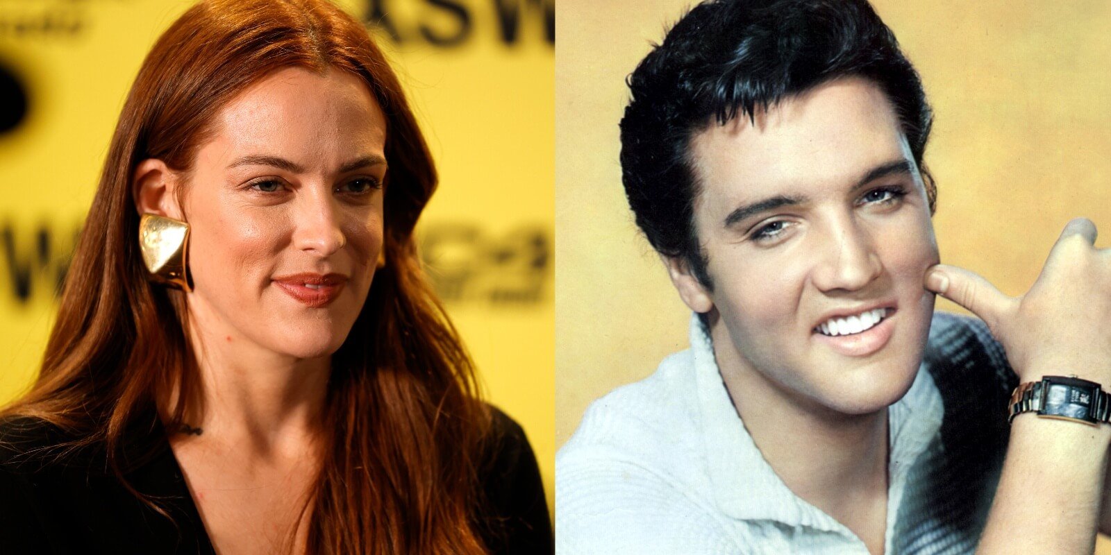 Riley Keough and Elvis Presley in side-by-side photographs.