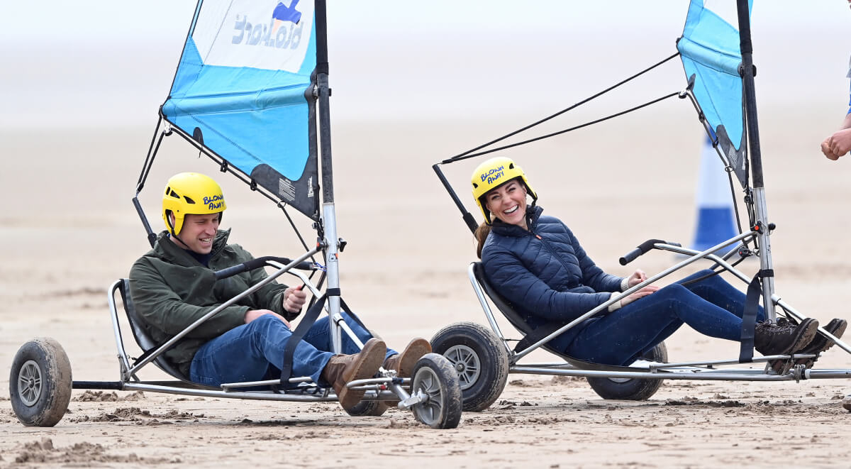 Prince William, Duke of Cambridge and Kate Middleton take part in a land yachting session on West Sands beach on May 26, 2021 in St Andrews, Scotland