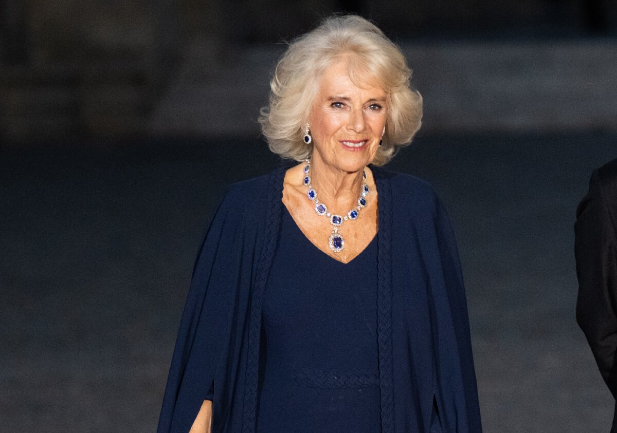 Queen Camilla attends a state banquet at the Palace of Versailles, hosted by President and Madame Macron, on September 20, 2023 in Versailles, France. The King and Queen's first state visit to France will take place in Paris, Versailles and Bordeaux from Wednesday 20th to Friday 23rd 2023