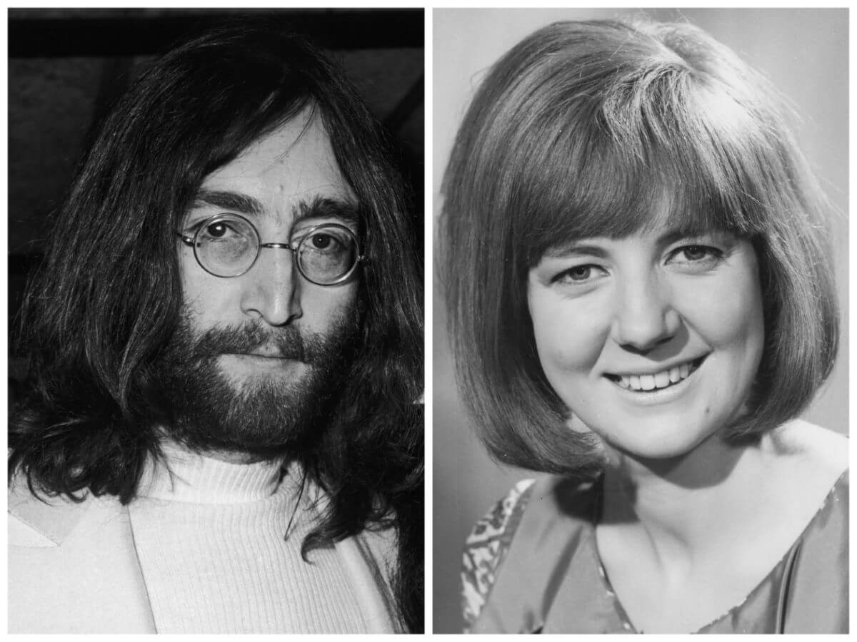 A black and white picture of John Lennon wearing glasses and a turtleneck. Cilla Black smiles and wears a floral shirt.