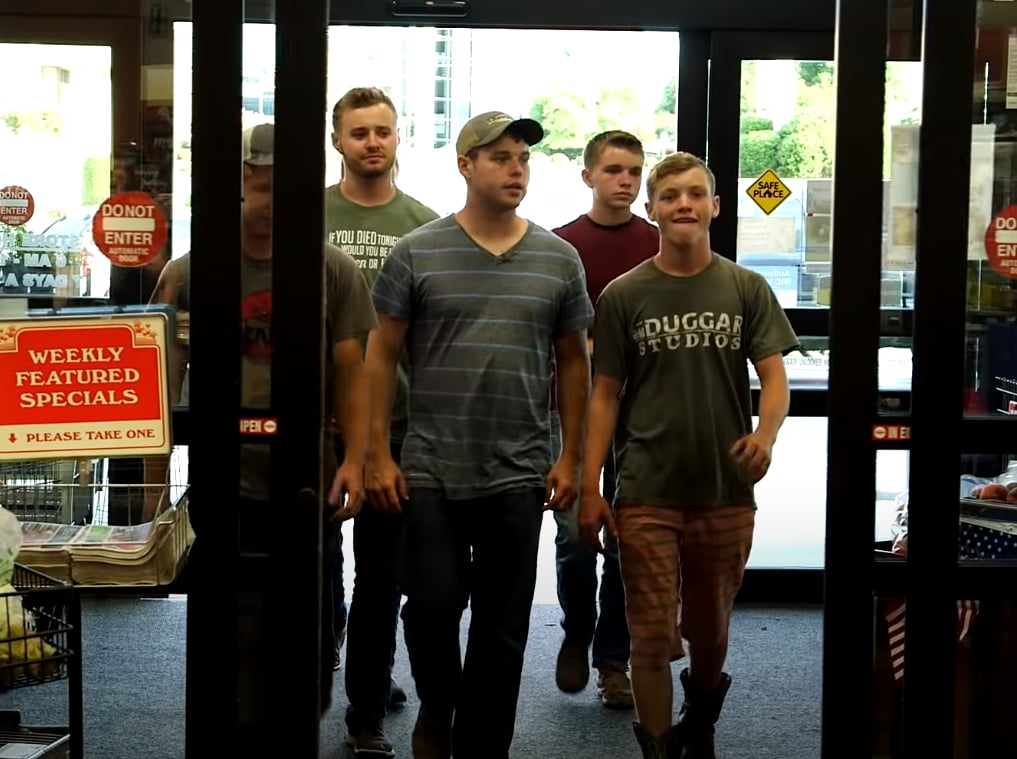 Jeremiah, Joseph, Justin, Jedidiah and James Duggar walk into a store together in an episode of 'Counting On'
