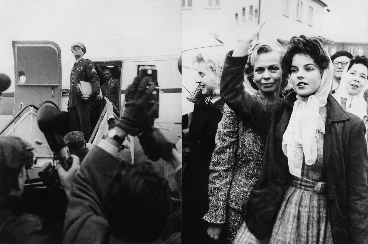 A black and white picture of Elvis standing at the door of an airplane. In a separate image, Priscilla Presley waves to him from a crowd of people.