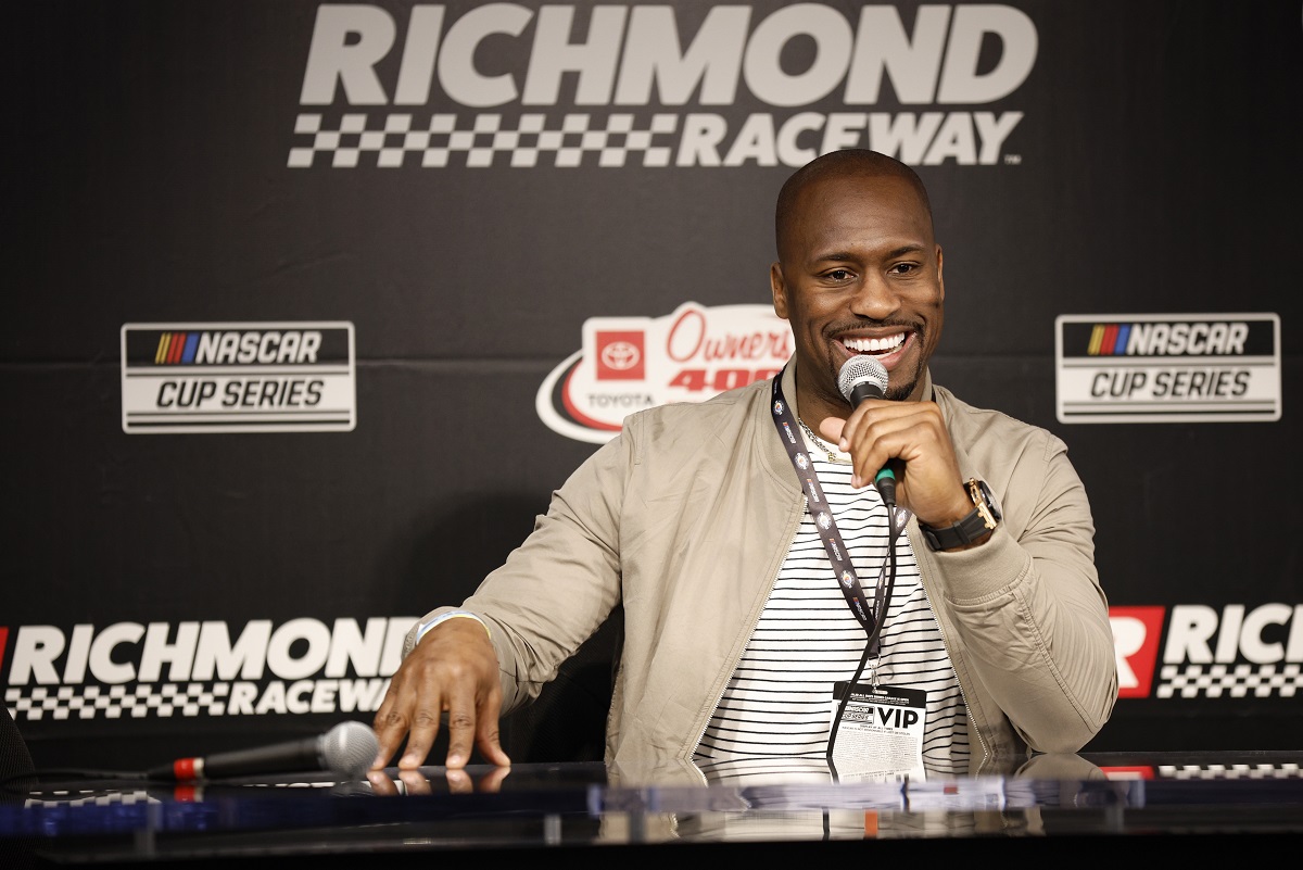 Former NFL player Vernon Davis and honorary pace car driver speaks to the media during a press conference prior to the NASCAR Cup Series