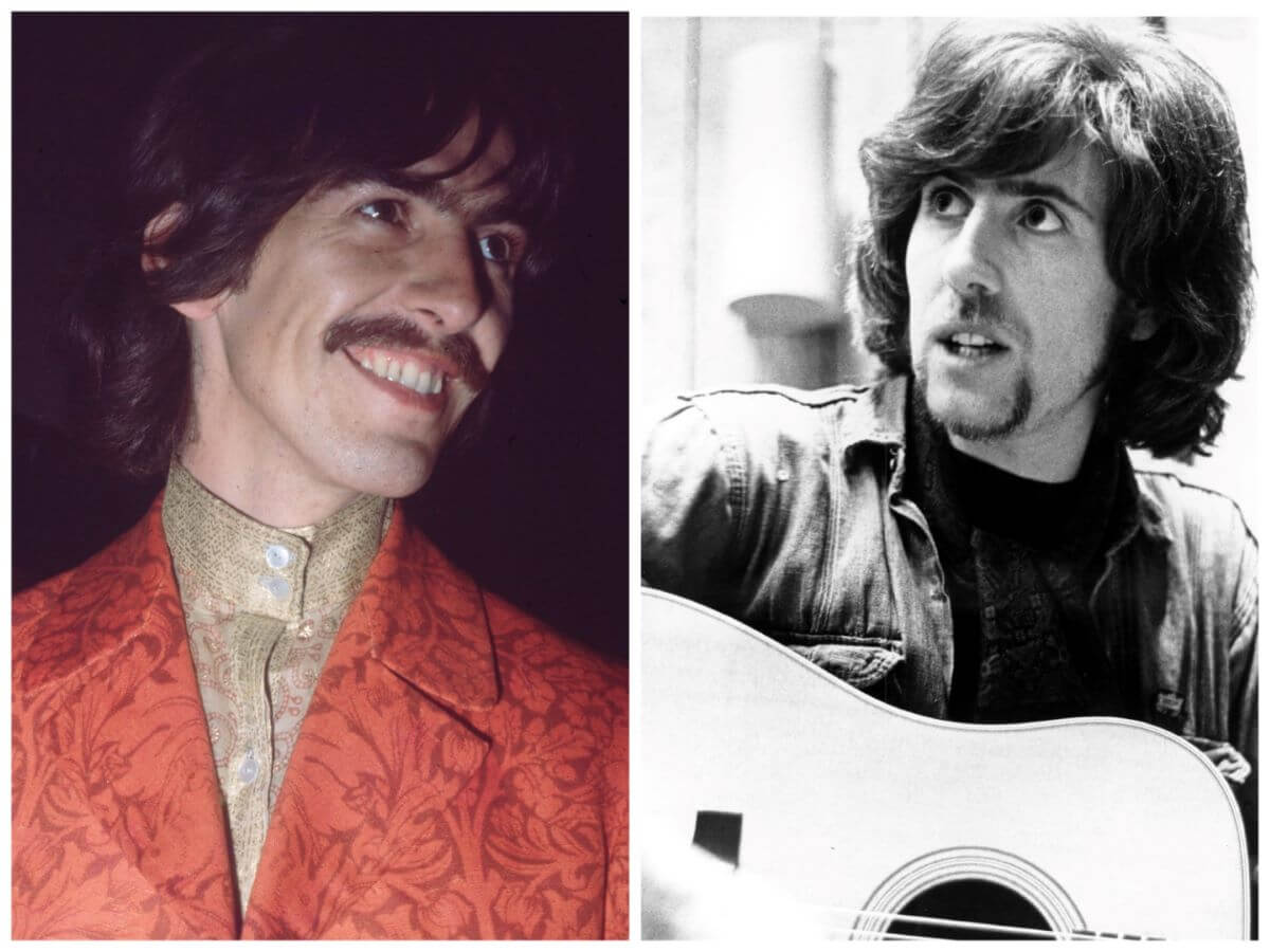 George Harrison wears an orange jacket and smiles. Graham Nash holds an acoustic guitar in a black and white photo.