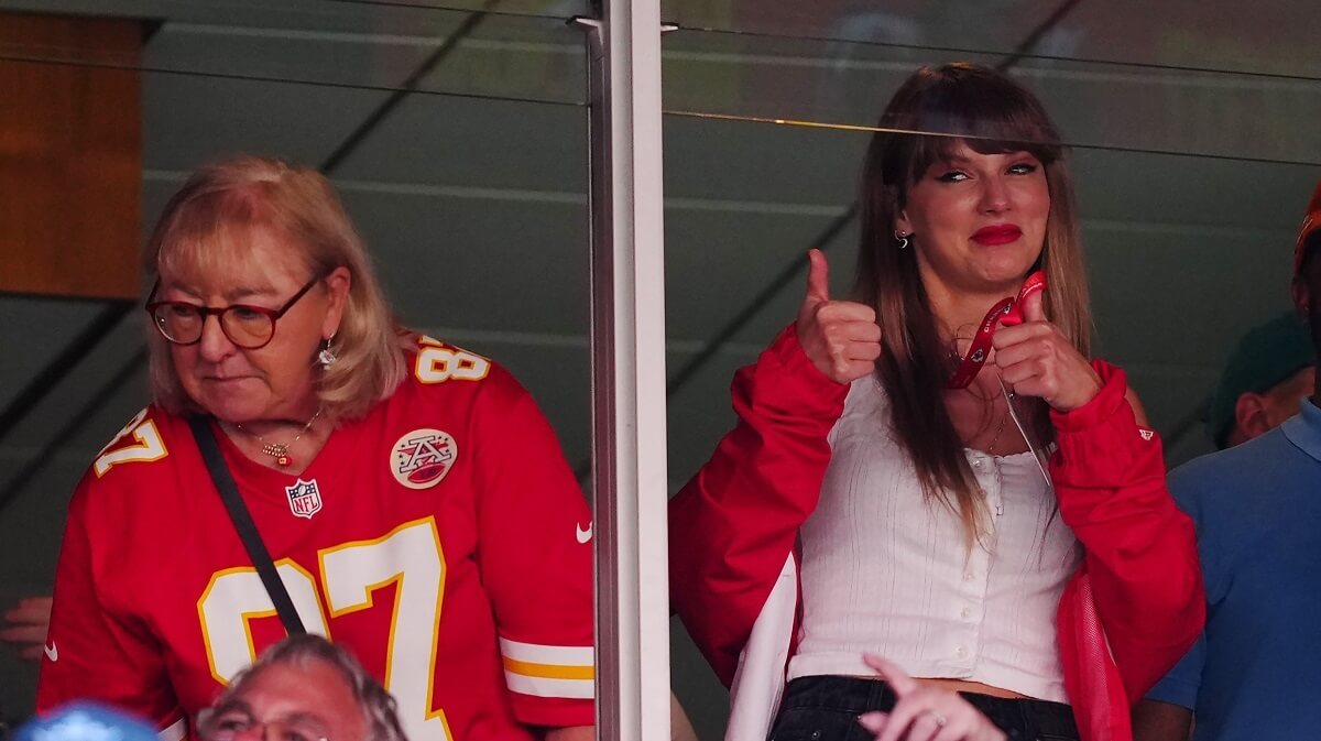 Jason and Travis Kelce's mother, Donna Kelce, seen in suite with Taylor Swift at GEHA at Arrowhead Stadium