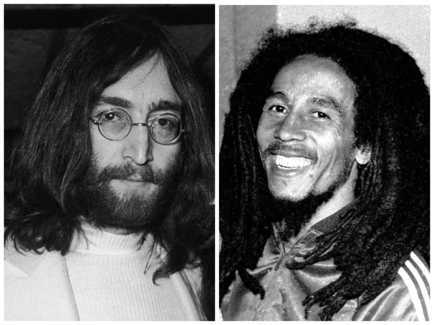 A black and white picture of John Lennon wearing a turtleneck and glasses. Bob Marley smiles and wears a track jacket.