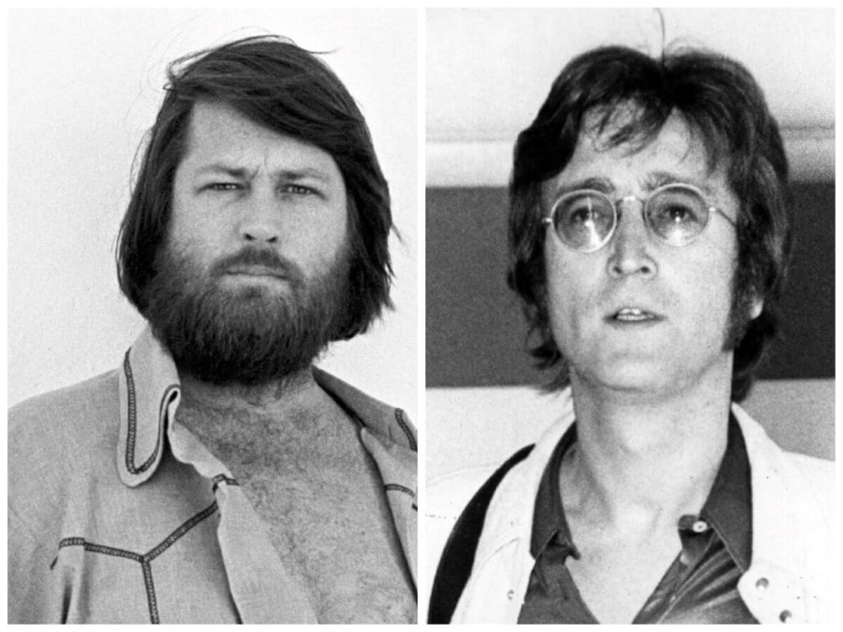 A black and white picture of Brian Wilson with his shirt open. John Lennon wears glasses and a collared shirt under a jacket.