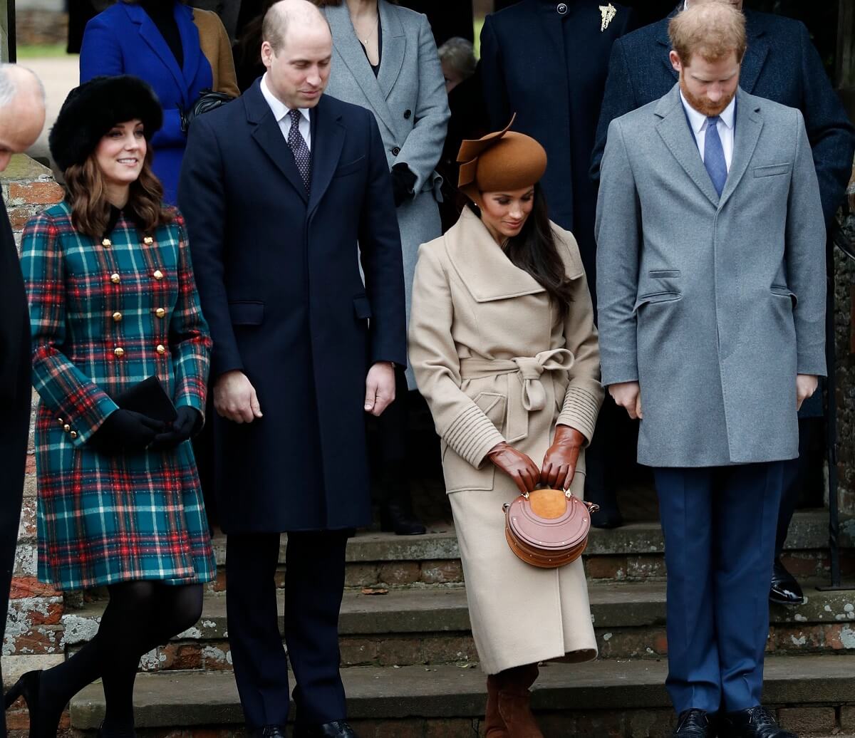 Kate Middleton, Prince William, Prince Harry and Meghan Markle, whose curtsies to Queen Elizabeth have gone viral, bow as monarch leaves