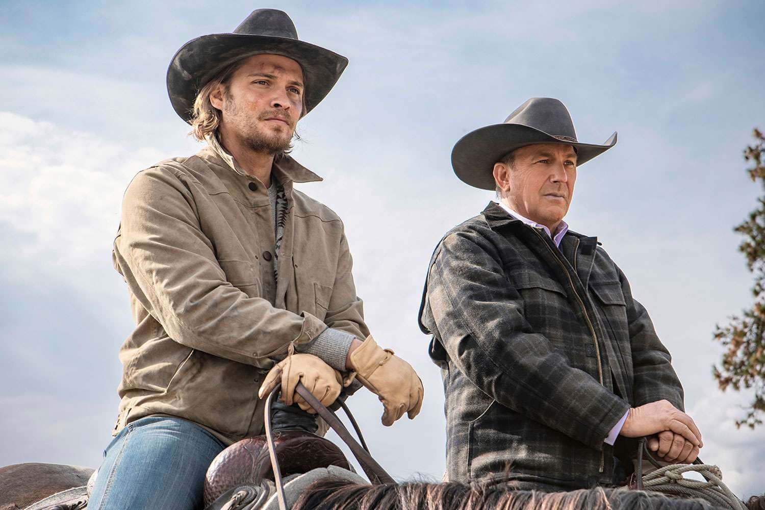 Yellowstone stars Luke Grimes and Kevin Costner as Kayce Dutton and John Dutton