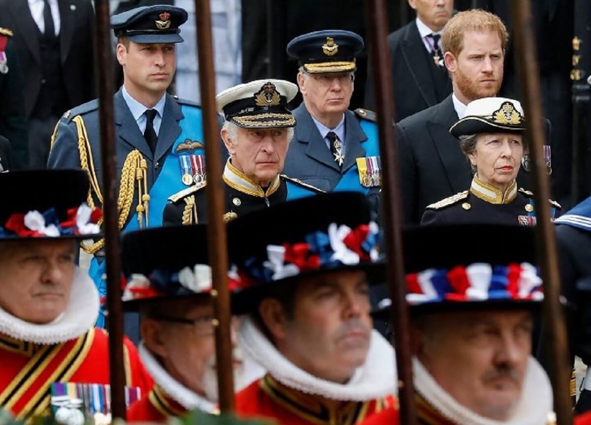 King Charles III, Princess Anne, Prince William, and Prince Harry follow the coffin of Queen Elizabeth II