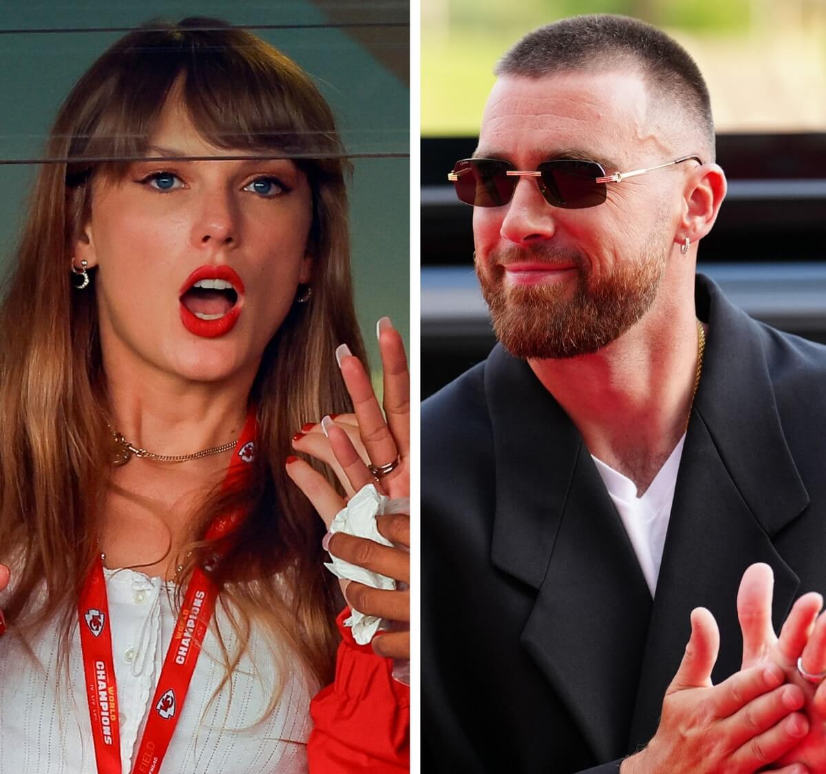 (L) Taylor Swift watching game at GEHA Field at Arrowhead Stadium, (R) Travis Kelce, who's brother revealed which 'base' the tight end is on with Swift, attends the Kansas City Chiefs ring ceremony