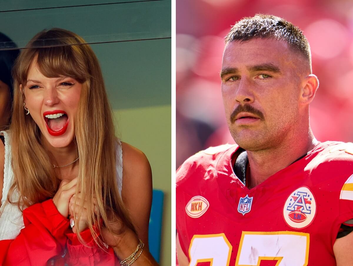 (L) Taylor Swift, whose fans are pranking their husbands after news she may be dating Travis Kelce, laughing as she watches Kansas City Chiefs game, (R) Travis Kelce looks the before a game