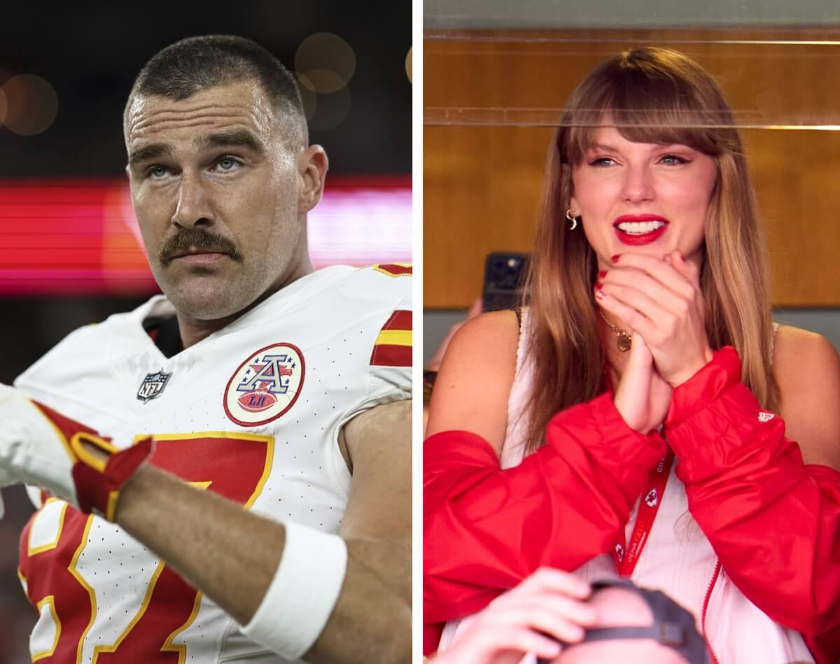 (L) Travis Kelce reacts of the Kansas City Chiefs reacts before a game, (R) Taylor Swift cheers on Travis Kelce, who Swifties want to know more about, from a suite in GEHA Field at Arrowhead Stadium
