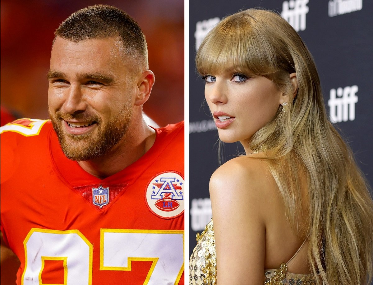 (L) Travis Kelce smiles during warmups, (R) Taylor Swift, who has an even higher net worth than the NFL star, at the 2022 Toronto International Film Festival