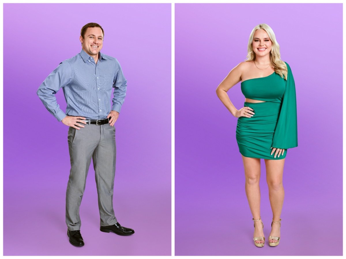 Portraits of JP and Taylor from 'Love Is Blind' Season 5 on purple backgrounds