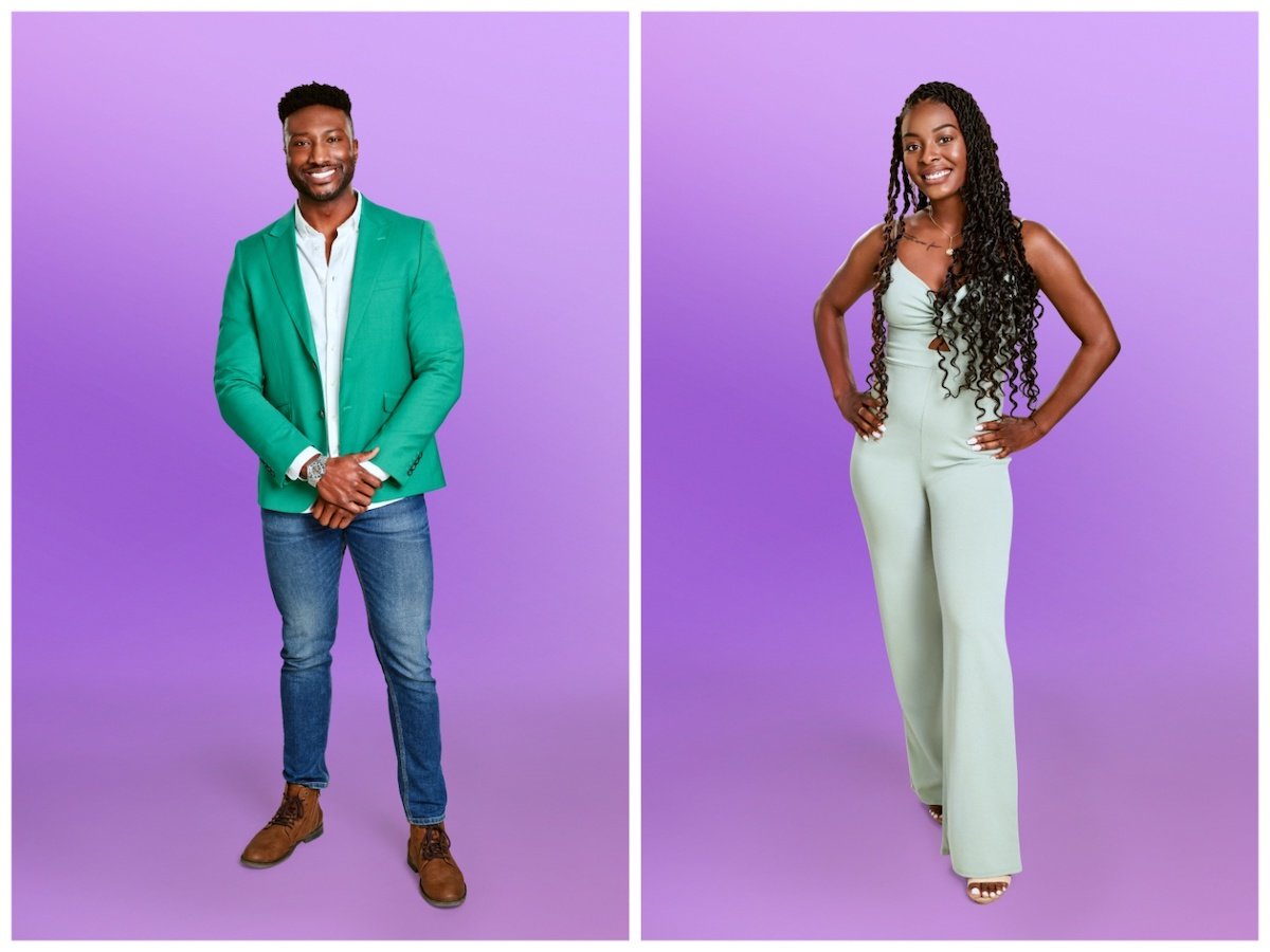 Portraits of Uche and Aaliyah from 'Love Is Blind' Season 5 on purple backgrounds