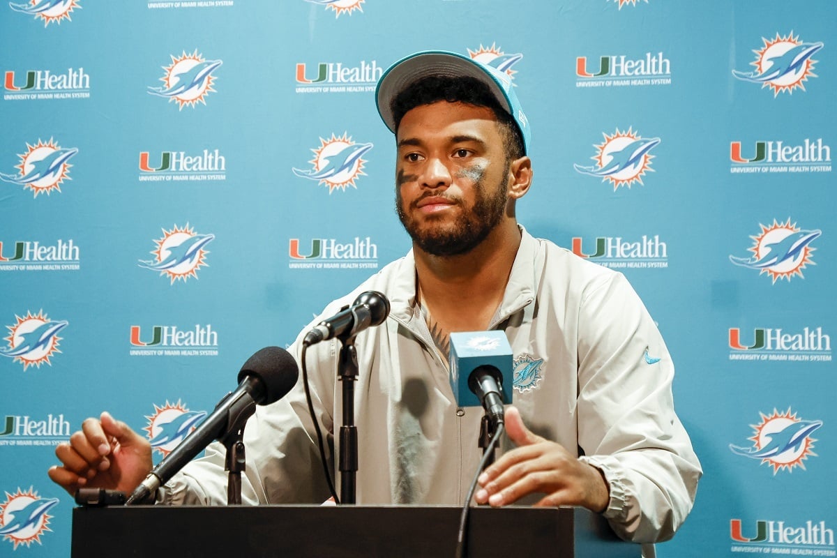 Miami Dolphins quarterback Tua Tagovailoa answers questions from the media after a game against the Jacksonville Jaguars