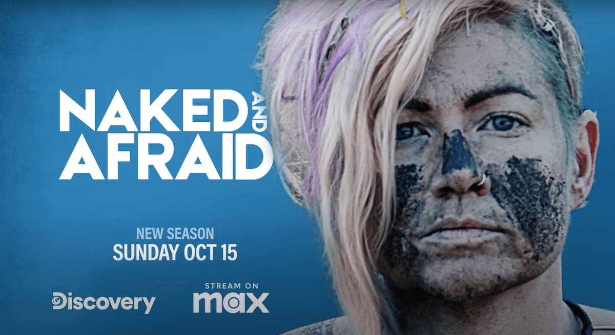 Image of woman with mud on her face against blue background for 'Naked and Afraid' Season 16