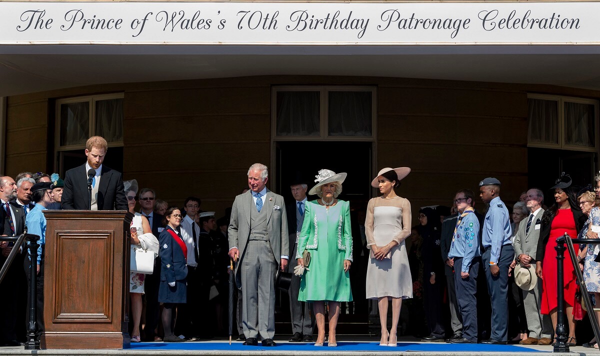 Prince Harry speaking during his father (then-Prince Charles') 70th Birthday Patronage Celebration at Buckingham Palace