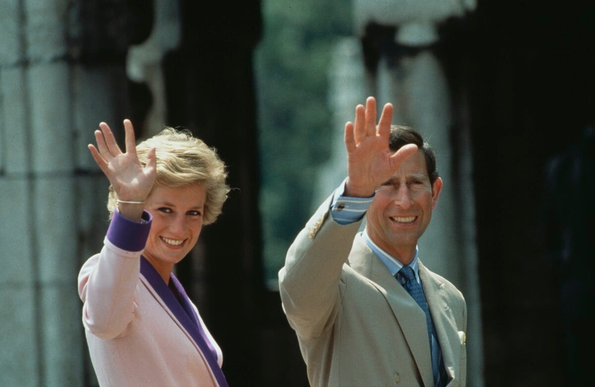 Princess Diana and then-Prince Charles waving to crowd during a visit to Budapest, Hungary