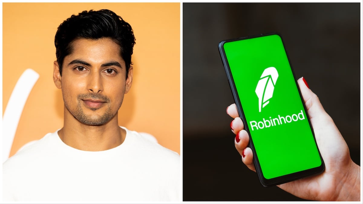 'Dumb Money' actor Rushi Kota in a white shirt next to an image of a hand holding a smartphone displaying Robinhood app logo