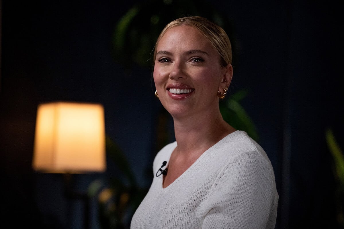 Scarlett Johansson speaking on 'Today' while wearing a white shirt.