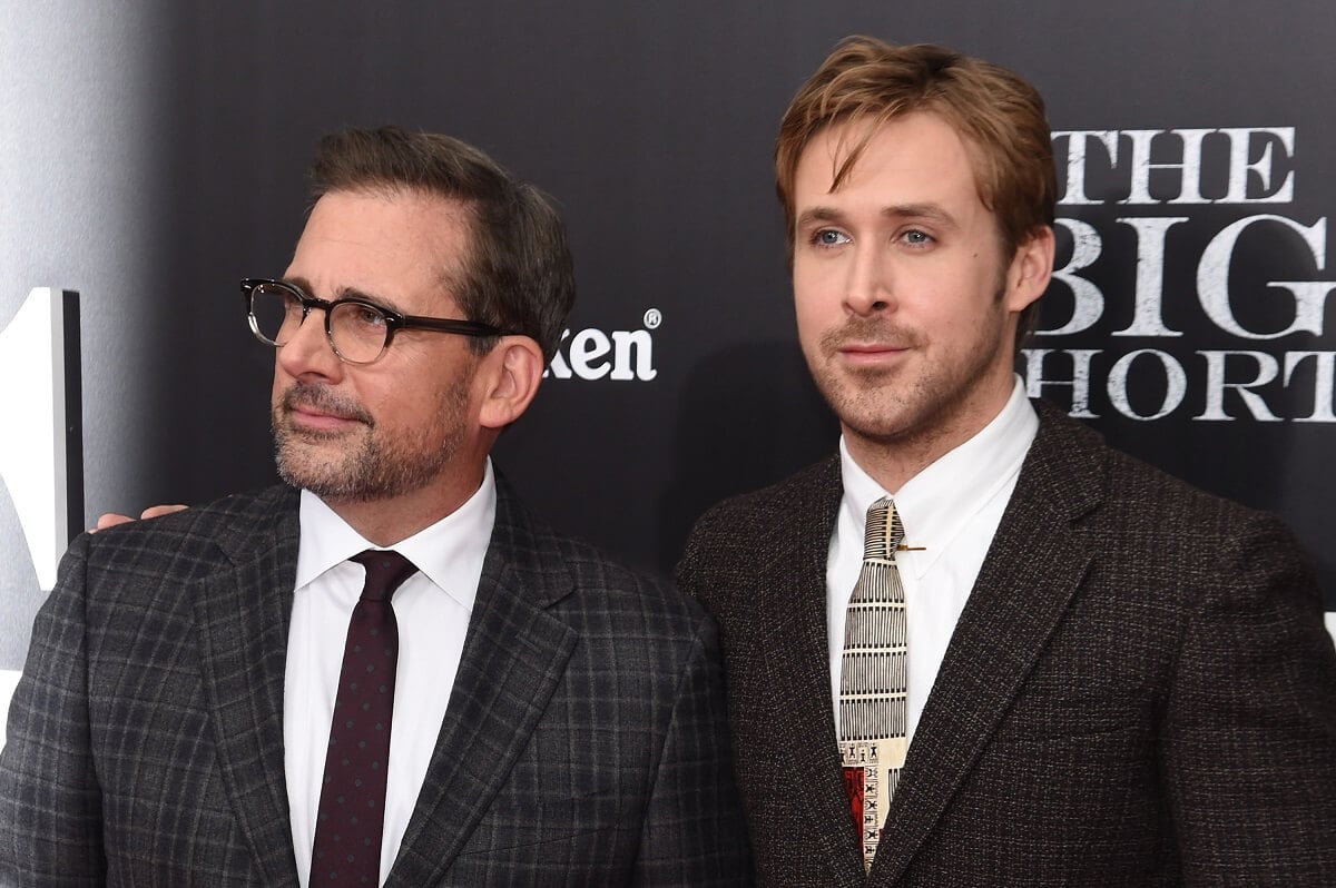 Steve Carell and Ryan Gosling posing in suits at the premiere of 'The Big Short'.