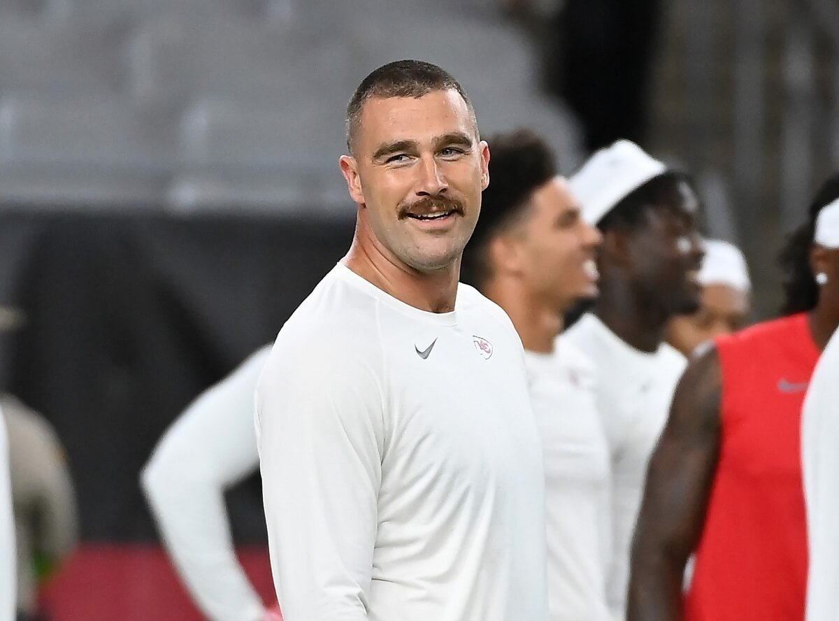 Travis Kelce, who was rumored to be dating ex-girlfriend Kayla Nicole again, smiles before a preseason games against the Arizona Cardinals