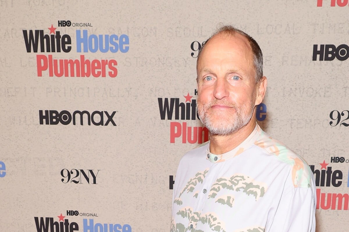 Woody Harrelson wearing a white shirt at the New York HBO premiere of "White House Plumbers"