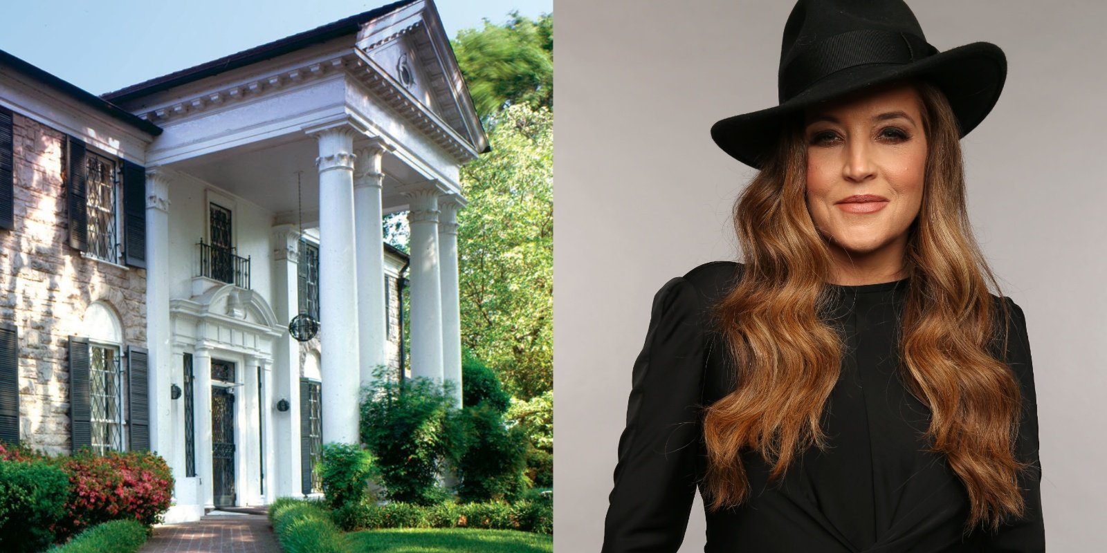 Elvis Presley's Graceland and Lisa Marie Presley in side-by-side photographs.