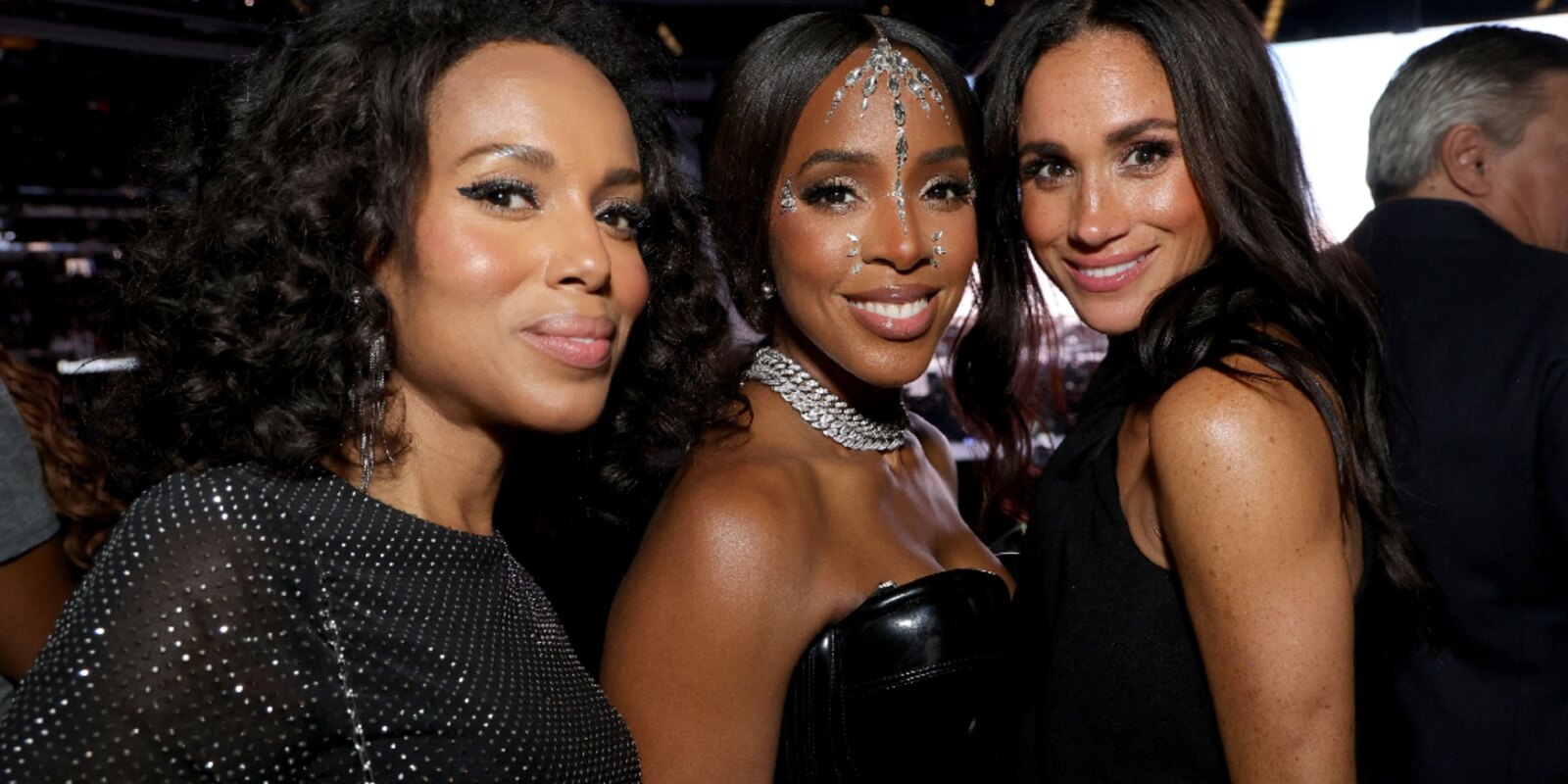 Kerry Washington, Kelly Rowland and Meghan Markle pose together at the Beyonce concert in 2023.