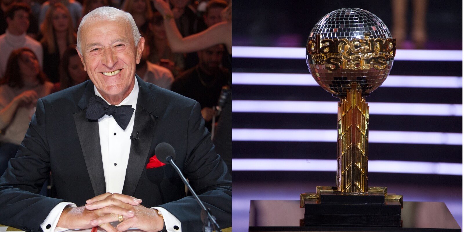 Len Goodman poses alongside a the 'Dancing With the Stars' mirrorball trophy in side-by-side photographs.
