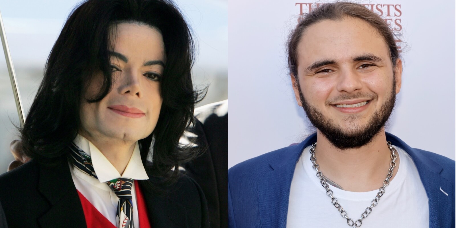 Michael Jackson and his son Prince Jackson in side-by-side photographs.