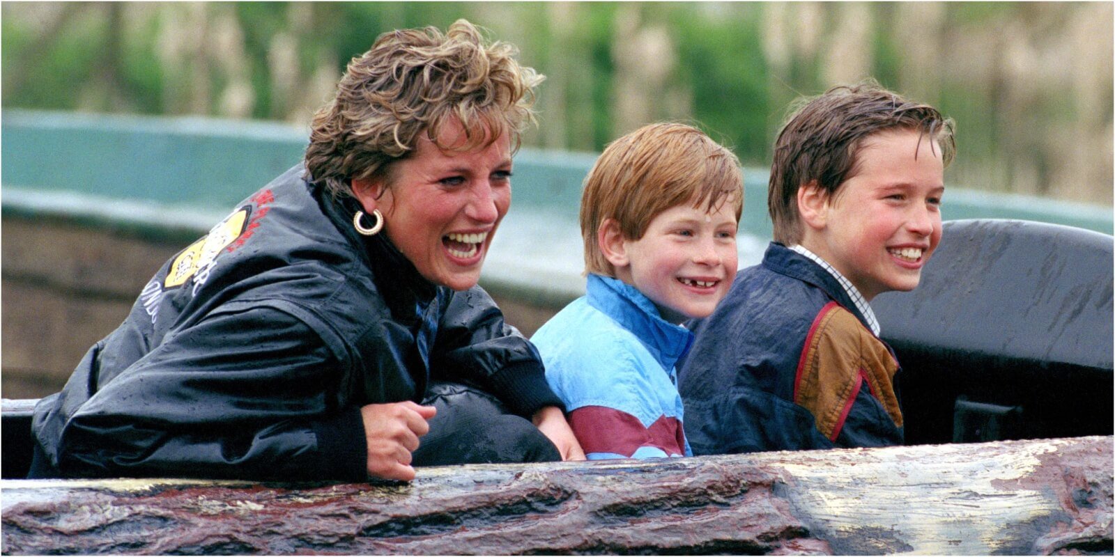 Princess Diana, Prince Harry and Prince William photographed at an amusement park.