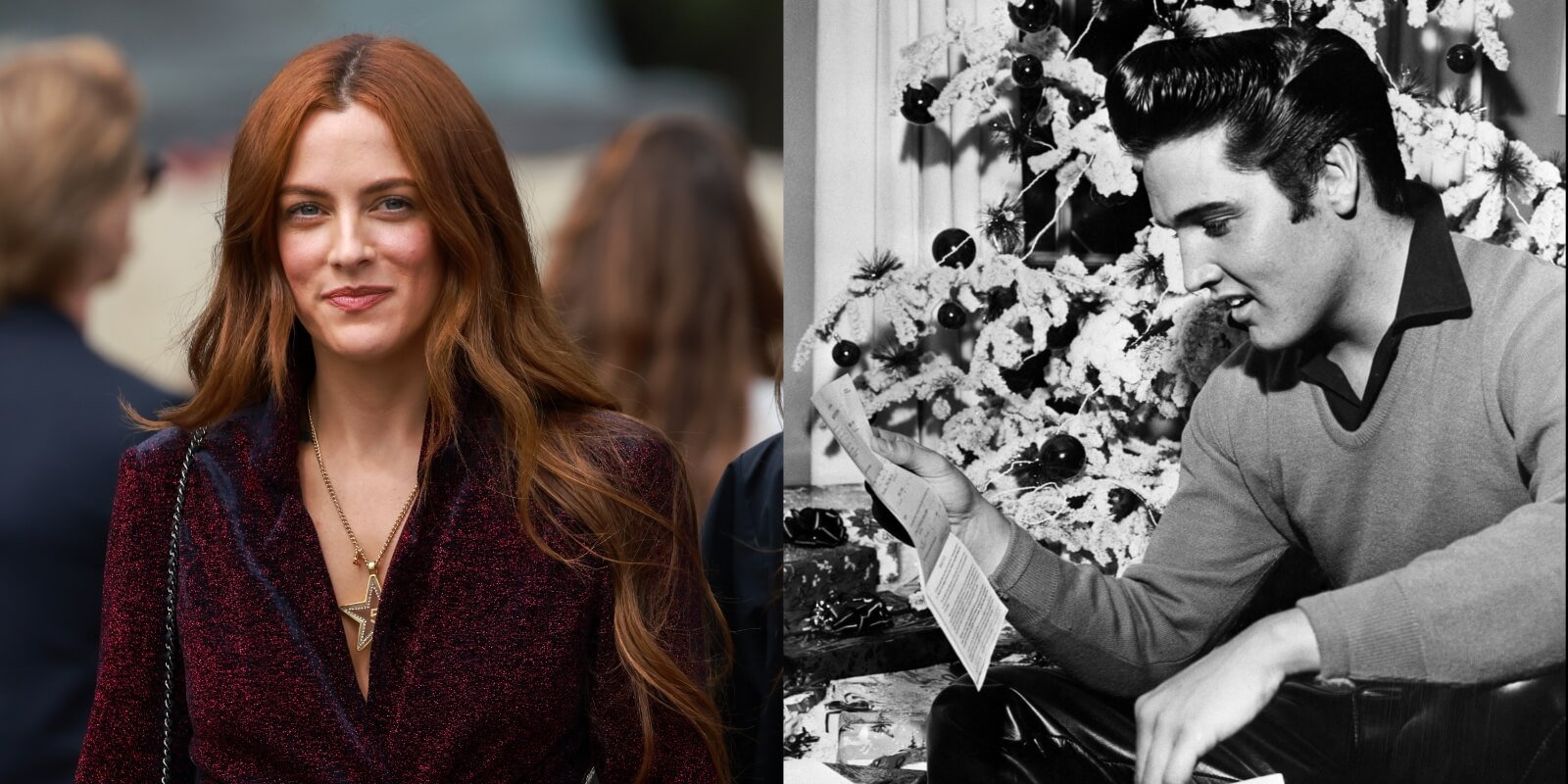 Riley Keough and her grandfather Elvis Presley in side-by-side photographs.