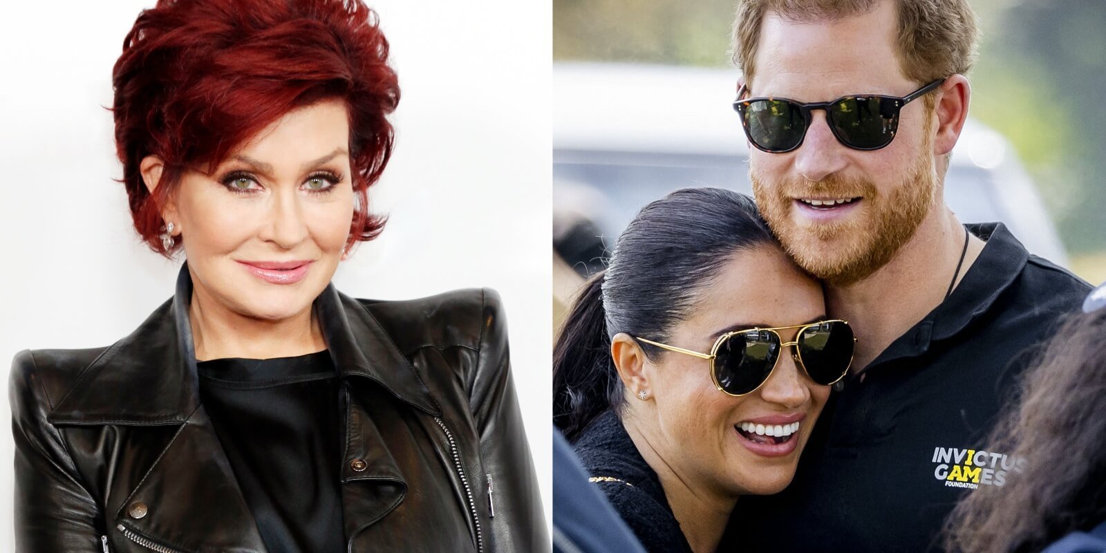 Sharon Osbourne, Meghan Markle, Prince Harry in side-by-side photographs.