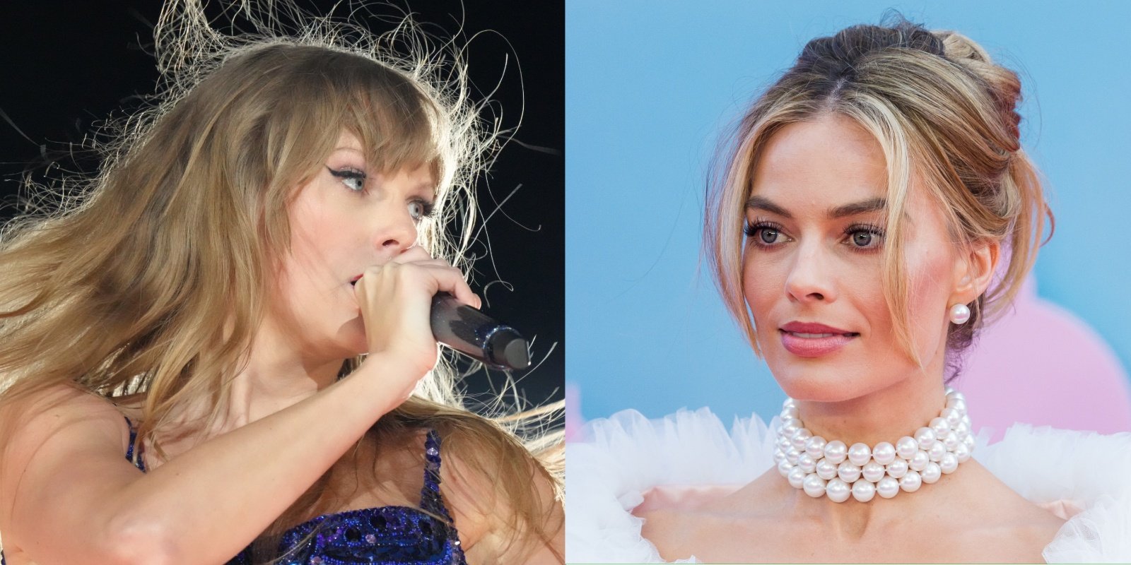 Taylor Swift and 'Barbie' star Margot Robbie in side-by-side photographs.