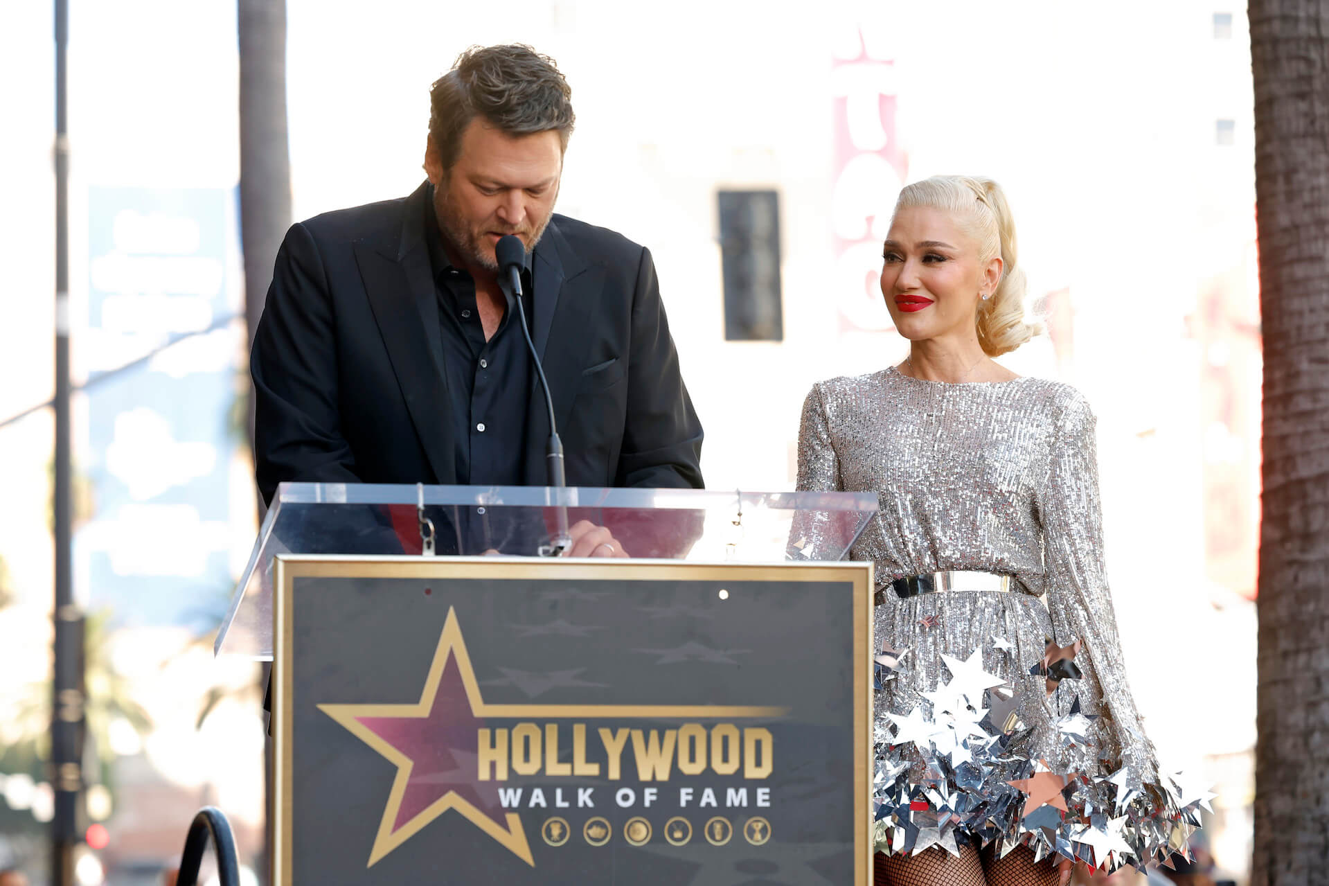 Blake Shelton speaking about 'The Voice' Season 24 coach Gwen Stefani at the Hollywood Walk of Fame