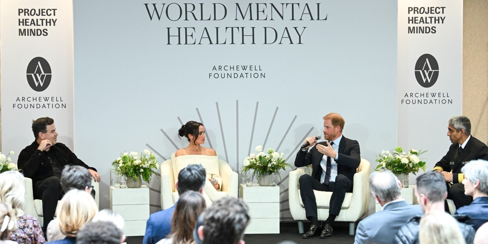 Carson Daly, Meghan Markle, Prince Harry and Dr. Vivek H. Murthy on stage for World Mental Health day.