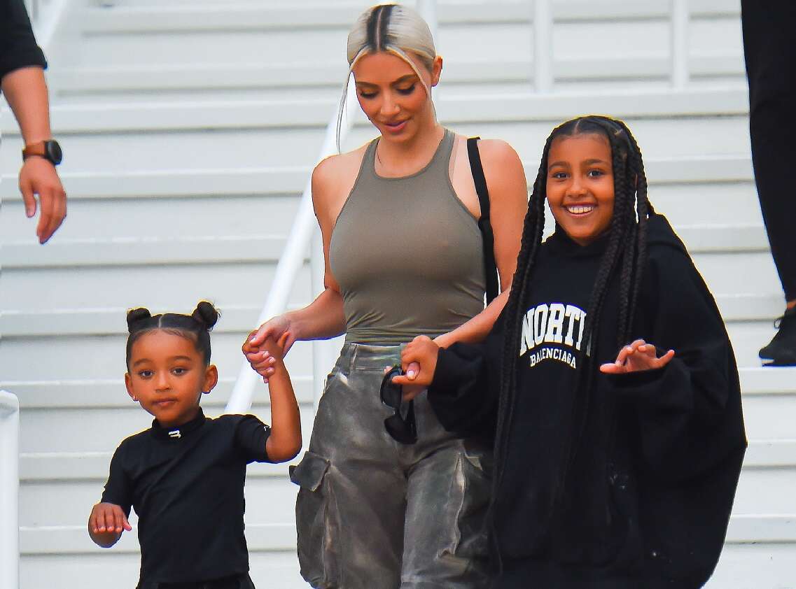 Kim Kardashian with her kids North and Chicago West seen leaving the American Dream Mall and Amusement Park on July 12, 2022
