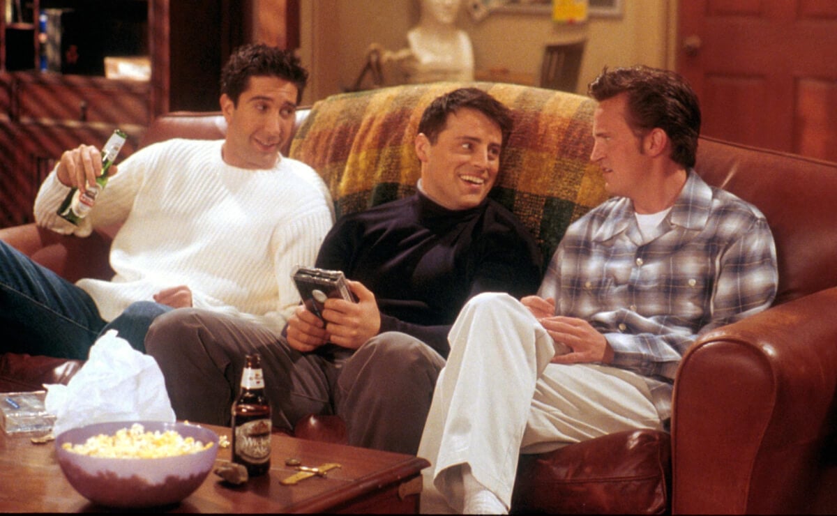 David Schwimmer, as Ross, Matt LeBlanc, as Joey, and Matthew Perry as Chandler act in a scene from the television comedy "Friends" during the seventh season of the show