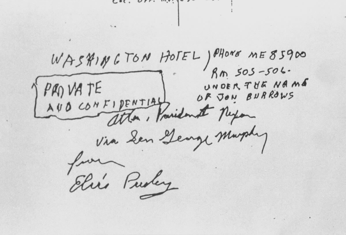 An envelope from Elvis to Richard Nixon. He gives his hotel, phone number, and alias.