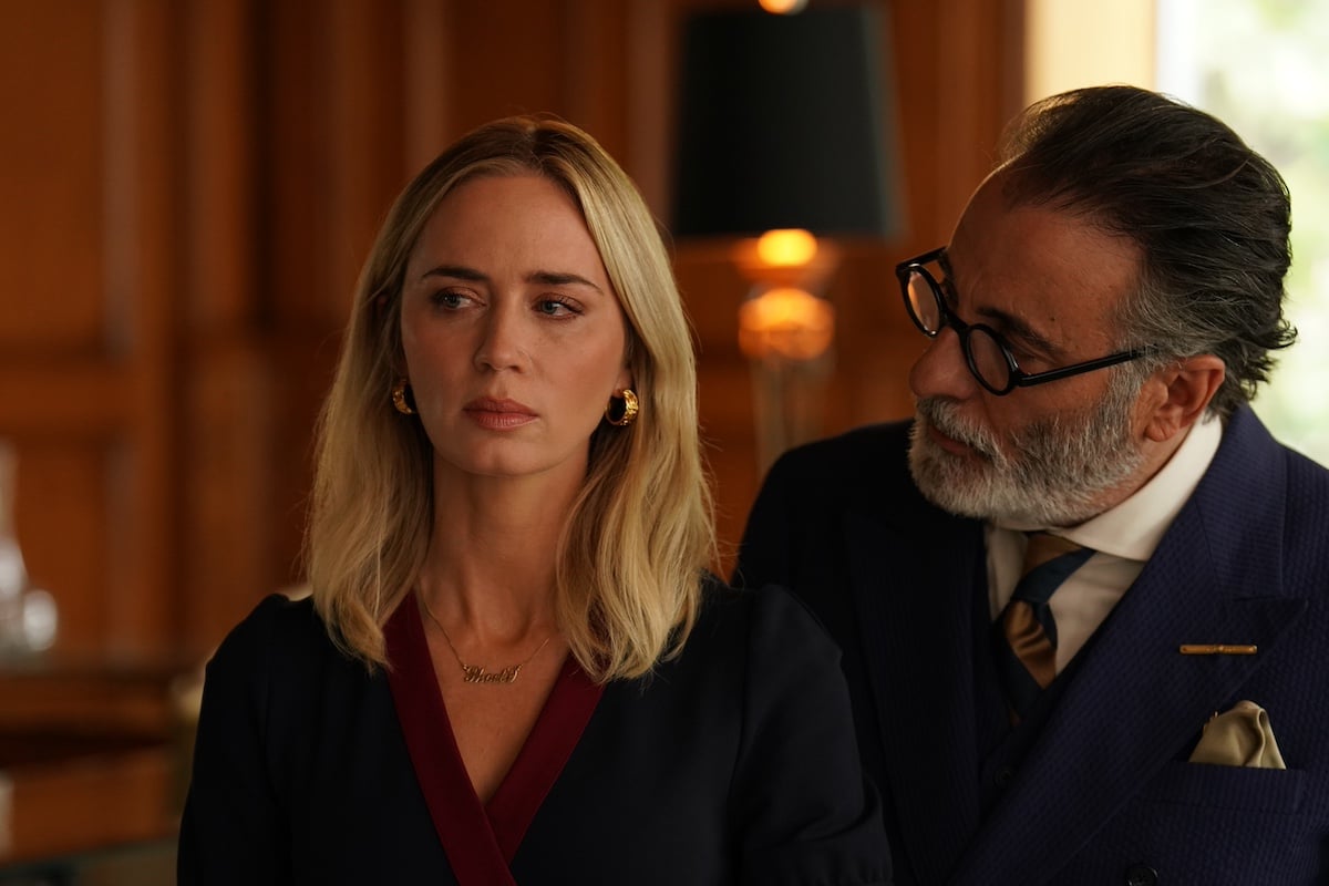 Andy Garcia looking at Emily Blunt in the Netflix movie 'Pain Hustlers'