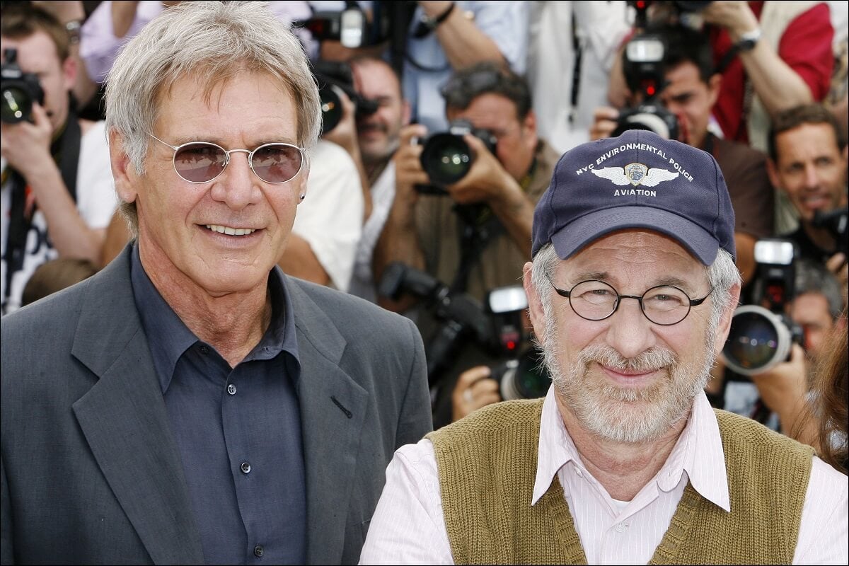 Harrison Ford and Steven Spielberg posing in a photocall of "Indiana Jones 4".